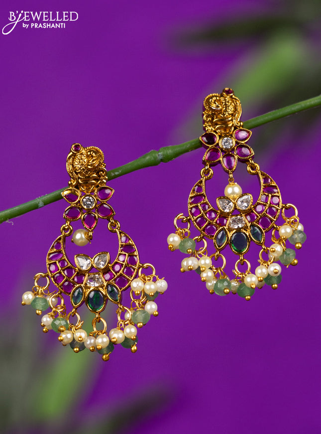 Antique earring chandbali design with kemp & kundan stones and pearl & mint green beads hangings