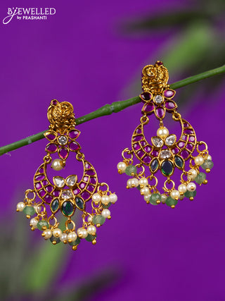 Antique earring chandbali design with kemp & kundan stones and pearl & mint green beads hangings