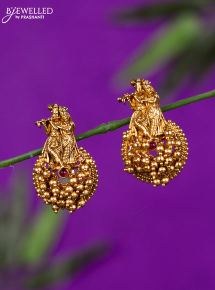 Antique earring radha krishna design with ruby stone and golden beads hangings