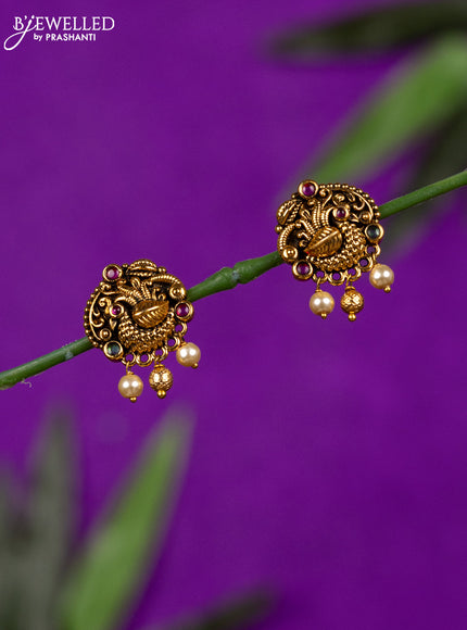 Antique earring peacock design with kemp stones and pearl & golden beads hangings