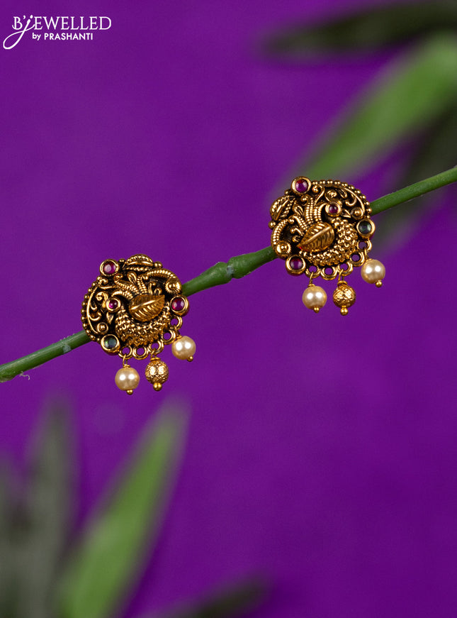 Antique earring peacock design with kemp stones and pearl & golden beads hangings