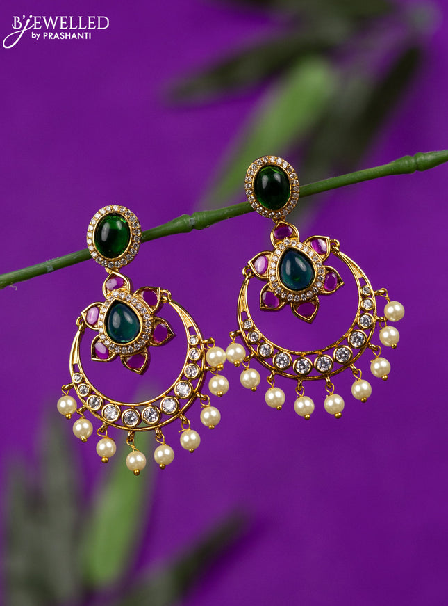 Antique earring chandbali design with kemp & cz stones and pearl hangings