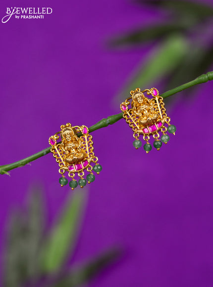 Antique earring lakshmi design with pink jadau stones and mint green beads hangings
