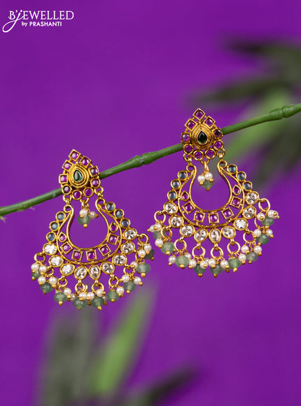 Antique earring with kemp & kundan stones and pearl & mint green beads hangings