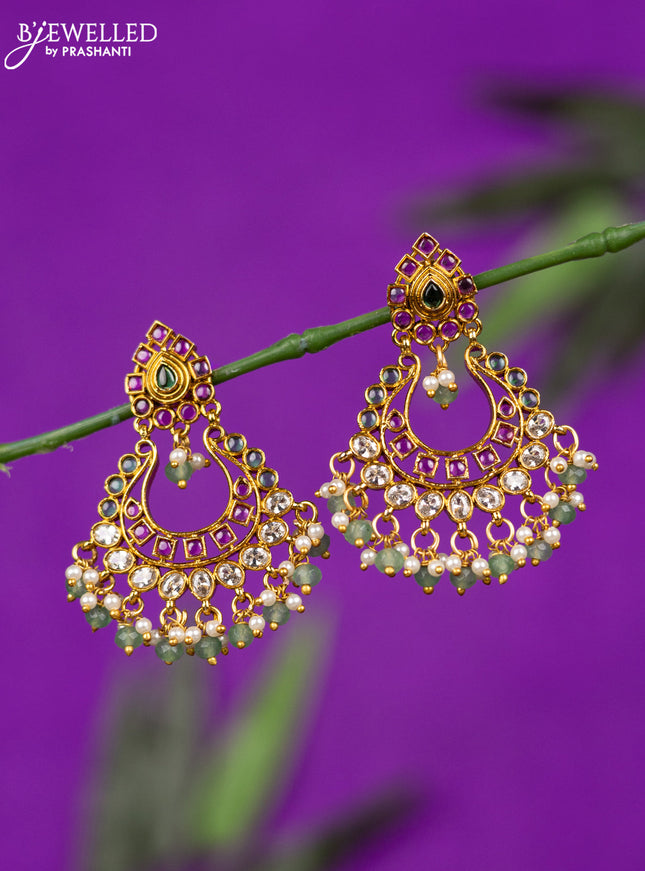 Antique earring with kemp & kundan stones and pearl & mint green beads hangings
