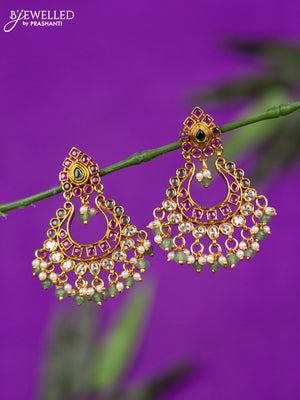Antique earring with kemp & kundan stones and pearl & mint green beads hangings