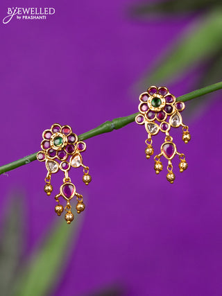 Antique earring with kemp & kundan stones and golden beads hangings