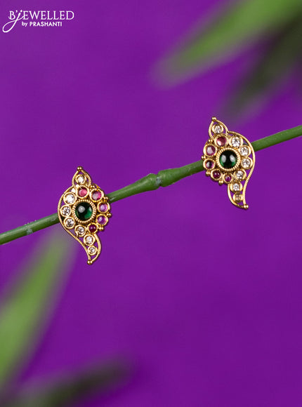 Antique earring shanku design with kemp and cz stones