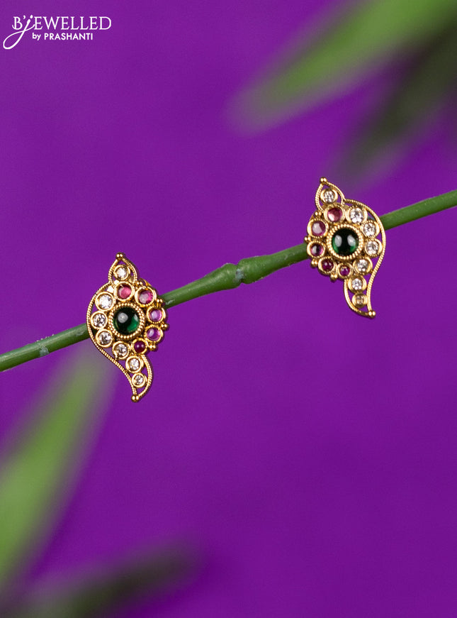 Antique earring shanku design with kemp and cz stones