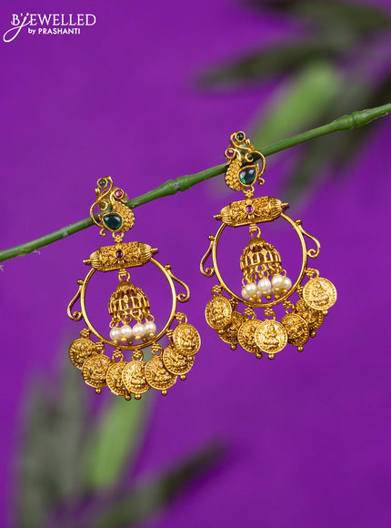 Antique earring lakshmi design with kemp stones and pearl hangings