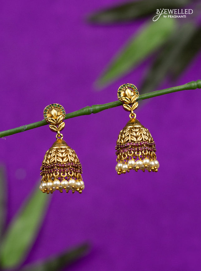 Antique jhumka with kemp stones and pearl hangings