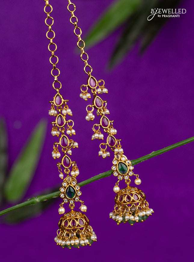 Antique jhumka kemp & cz stones with mattal and pearl & mint green beads hangings