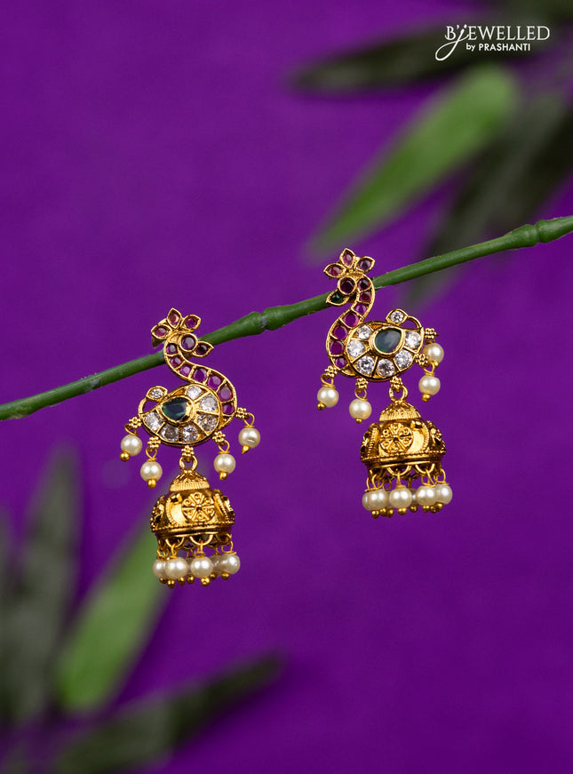 Antique jhumka with kemp & cz stones and pearl hangings