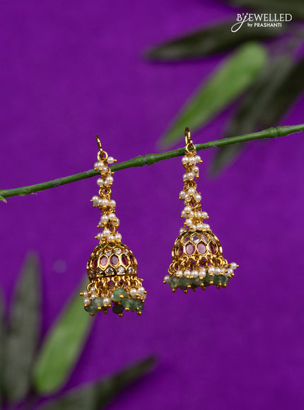 Antique hanging type jhumka with kemp & cz stones and pearl & mint green beads hangings
