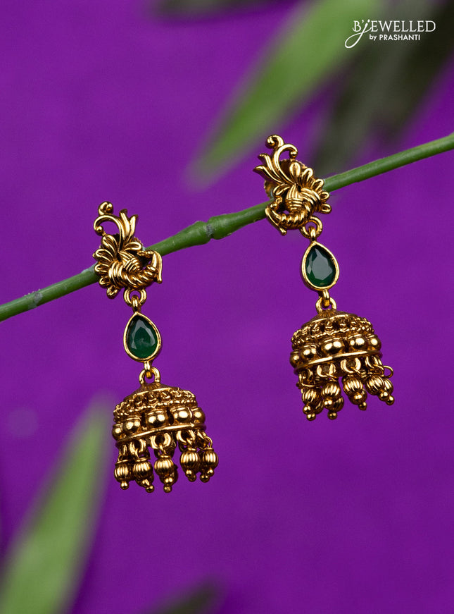 Antique jhumka peacock design with emerald stone and golden beads hangings