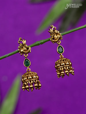Antique jhumka peacock design with emerald stone and golden beads hangings