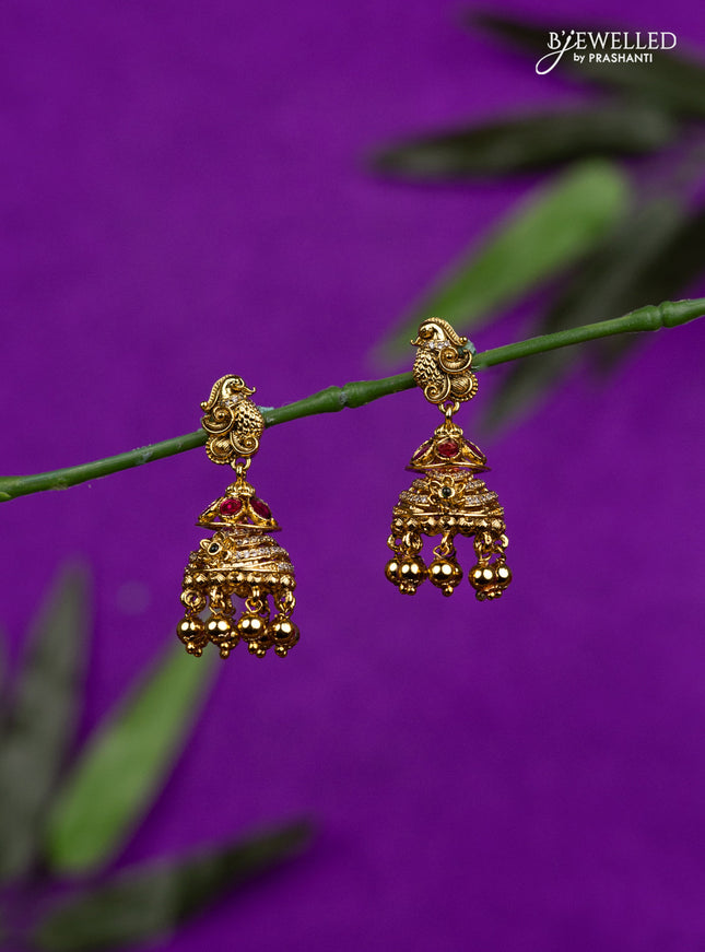 Antique jhumka peacock design with kemp & cz stones and golden beads hangings