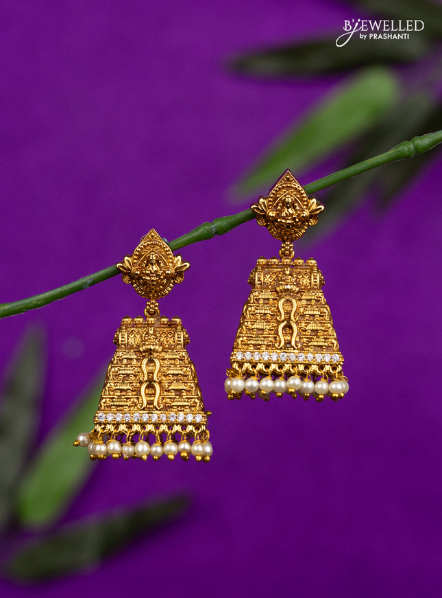 Antique jhumka temple design with cz stones and pearl hangings