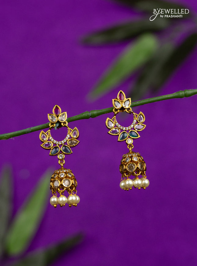 Antique jhumka with kemp & cz stones and pearl hangings