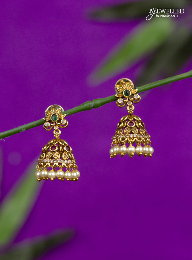 Antique jhumka with kemp & cz stones and pearl hangings