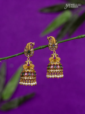 Antique jhumka peacock design with kemp & cz stones and pearl hangings