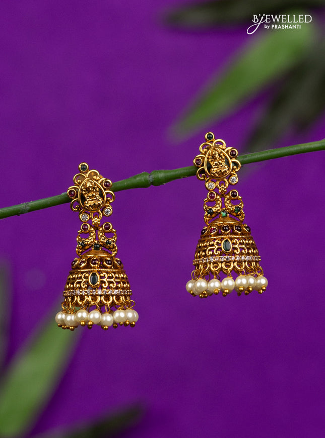 Antique jhumka lakshmi design with kemp & cz stones and pearl hangings