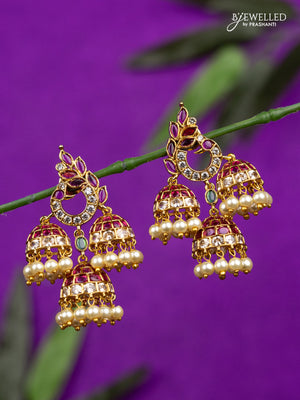 Antique jhumka peacock design with kemp & cz stones and pearl hangings