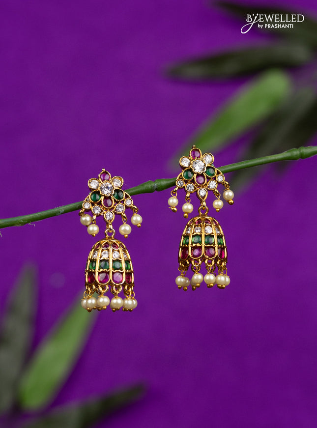 Antique jhumka with kemp & cz stones and pearl hangings
