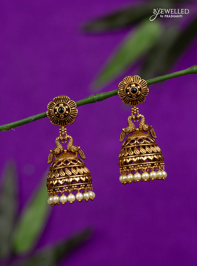 Antique jhumka peacock design with kemp stones and pearl hangings
