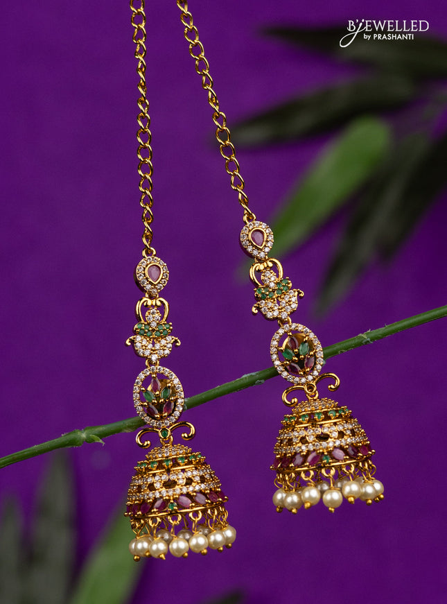 Antique jhumka with kemp & cz stones and pearl hangings