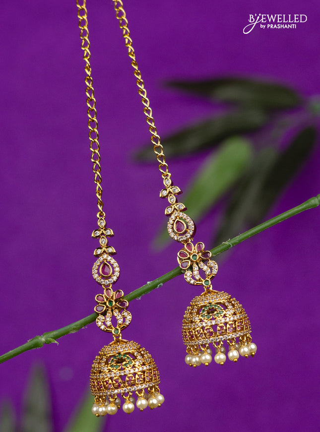 Antique jhumka with kemp & cz stones and pearl hangings