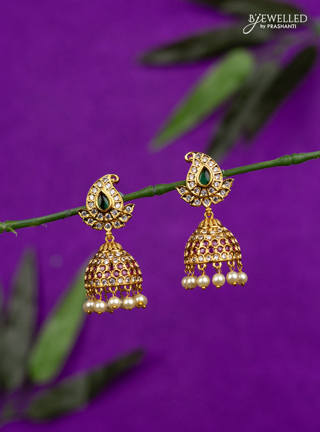 Antique jhumka manga pattern with kemp & cz stones and pearl hangings