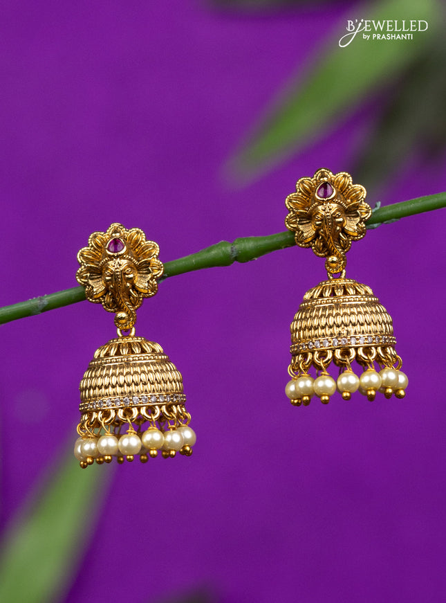 Antique jhumka ganesha design with ruby & cz stones and pearl hangings