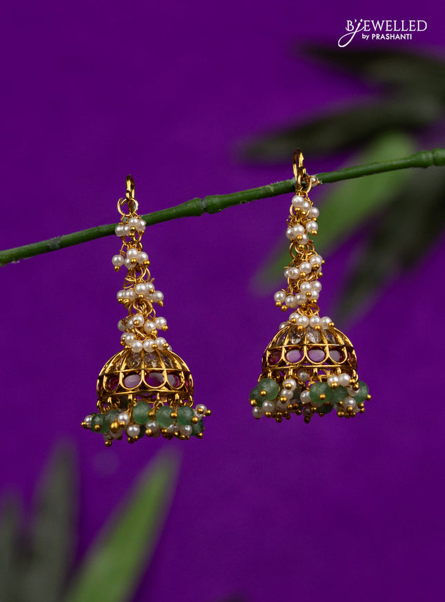 Antique hanging type jhumka with ruby & cz stones and pearl & mint green beads hangings