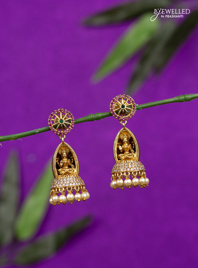 Antique jhumka lakshmi design with kemp & cz stones and pearl hangings