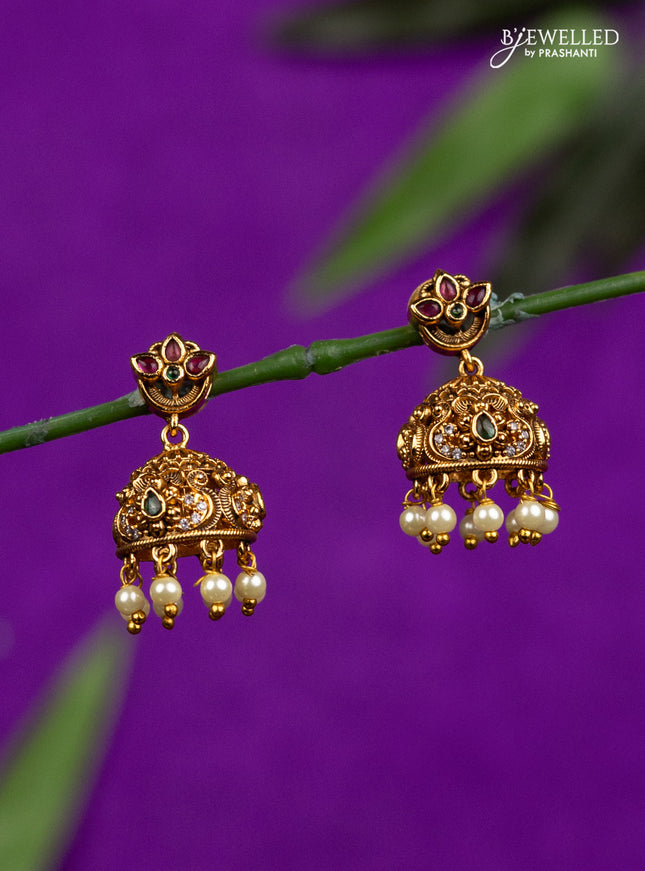 Antique jhumka with kemp & cz stones and pearl hangings