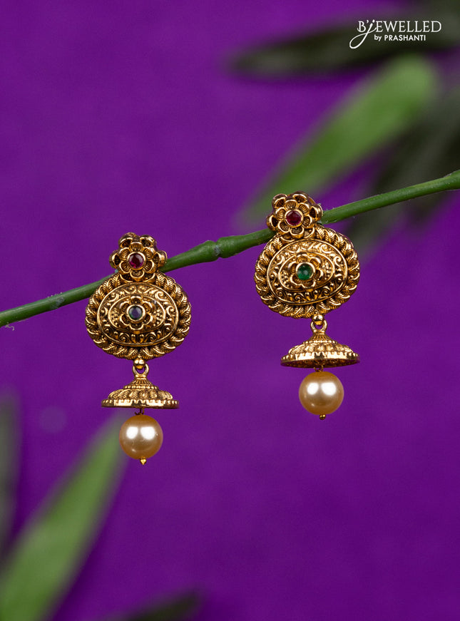 Antique jhumka with kemp stones and pearl hanging