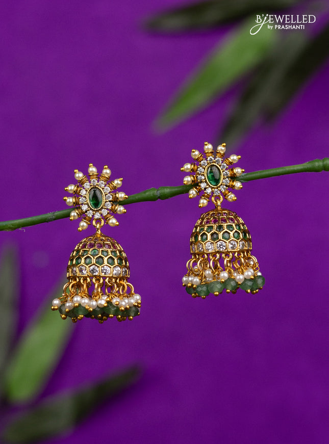 Antique jhumka with emerald & cz stones and pearl & mint green beads hangings