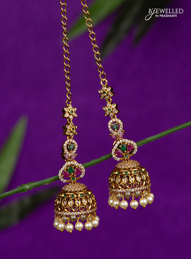 Antique jhumka with kemp & cz stones and pearl hangings