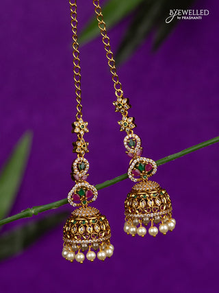 Antique jhumka with kemp & cz stones and pearl hangings