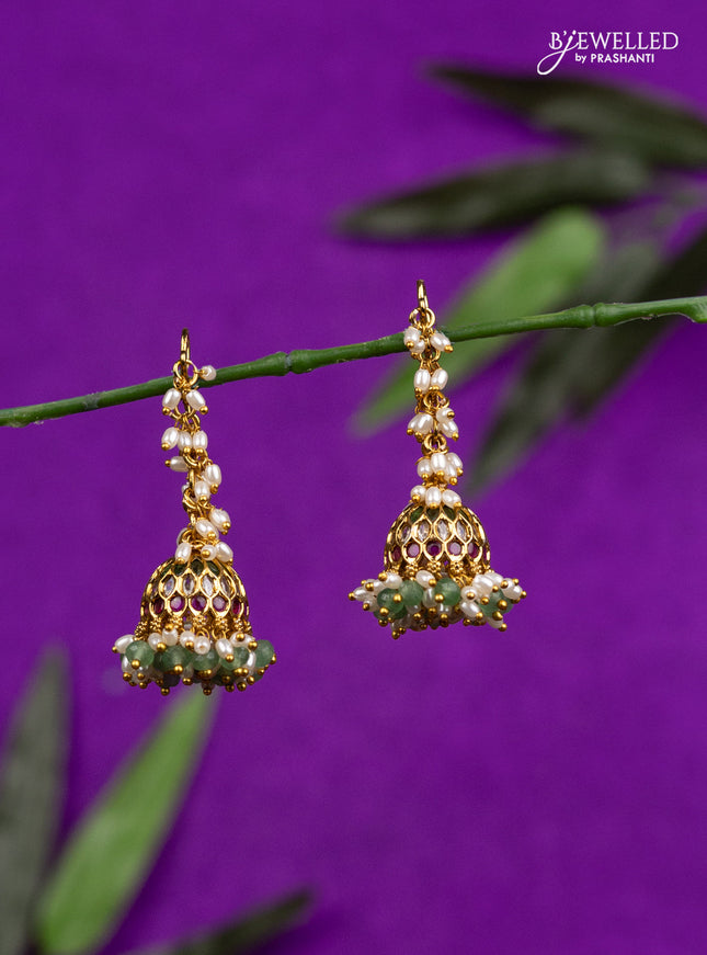Antique hanging type jhumka with kemp & cz stones and pearl & mint green beads hangings