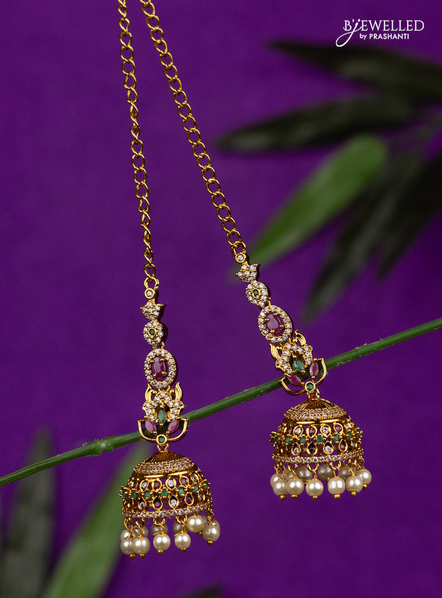 Antique jhumka with kemp & cz stones and pearl hangings