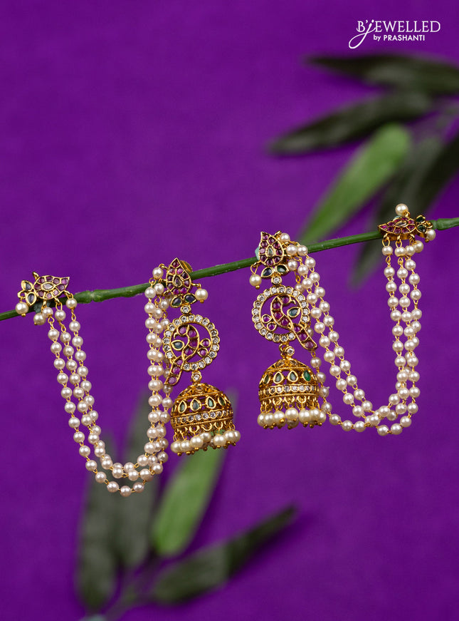 Antique jhumka kemp & cz stones with mattal and pearl hangings