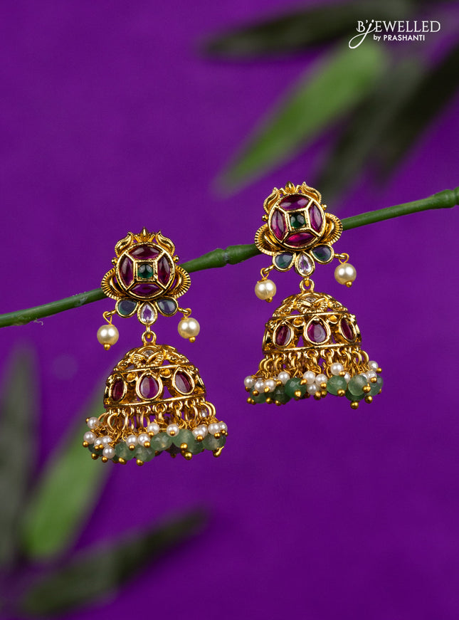 Antique jhumka with kemp & cz stones and pearl & mint green beads hangings