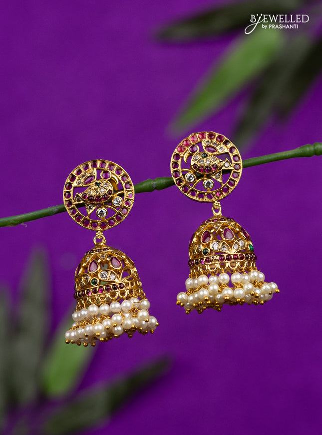 Antique jhumka with kemp & cz stones and pearl hangings