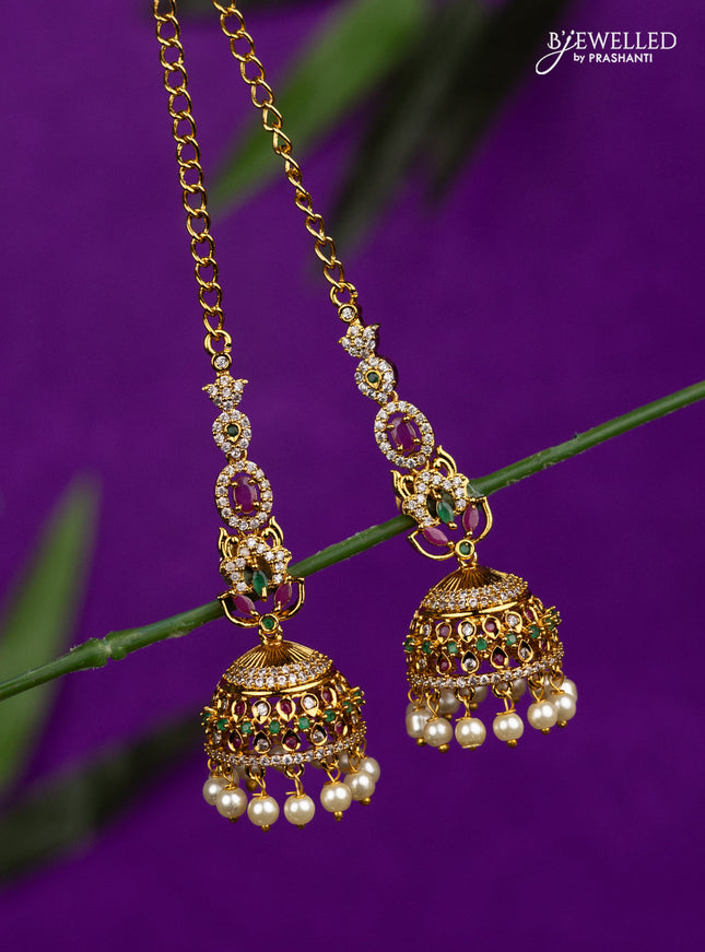 Antique jhumka with kemp & cz stones and pearl hangings