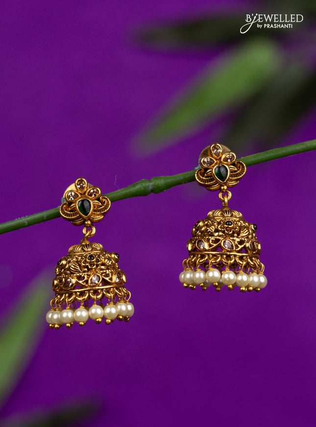 Antique jhumka with kemp & cz stones and pearl hangings