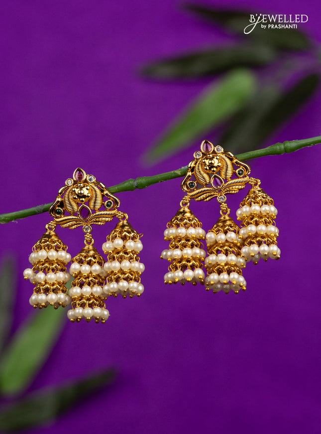 Antique jhumka with kemp & cz stones and pearl hangings