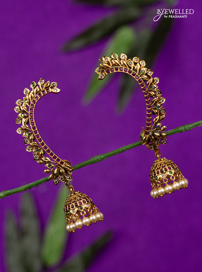 Antique earcuff jhumka with kemp & cz stones and pearl hangings