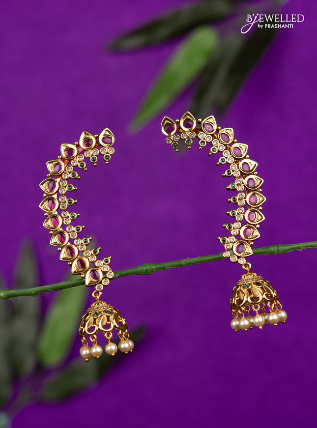 Antique earcuff jhumka with kemp & cz stones and pearl hangings